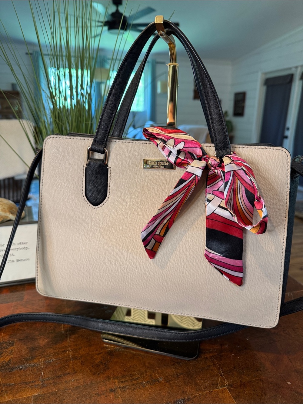 kate spade Cream and Black Satchel with Pink Patterned Scarf Accent